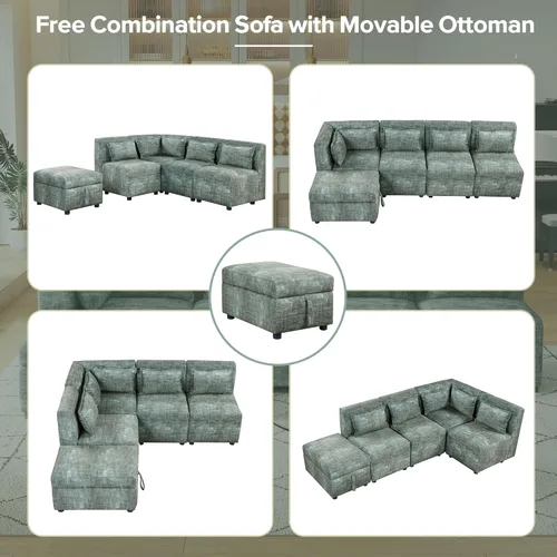 Vista 41 de Sofá modular de felpilla con tapicería en forma de L, sofá modular de 4 asientos con otomana extraíble y 5 almohadas para sala de estar, apartamento