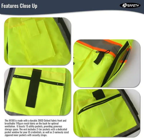 Vista 3 de JKSafety Hi-Vis Chaleco de seguridad unisex para topógrafos de alta visibilidad, resistente, con bolsillos internos, cumple con las normas ANSI/ISEA
