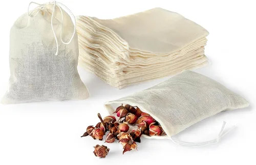 20 bolsas de té reutilizables, bolsas vacías de muselina con cordón, bolsas de especias para cocinar, té suelto, hierbas, algodón natural (4 x 3