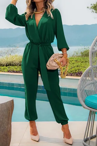 Vista 6 de PRETTYGARDEN Enterizo de otoño para mujer, estilo casual, elegante, de una pieza, cuello en V, manga larga, bolsillos con cinturón, pantalones