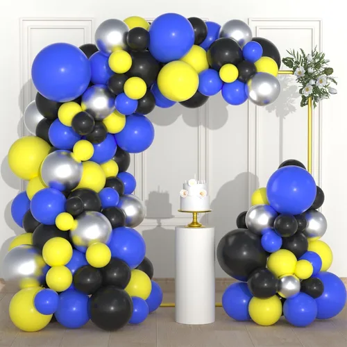Arco de guirnalda de globos azul, amarillo, negro y plateado, globos azules y negros, globos metálicos plateados y negros para cumpleaños,