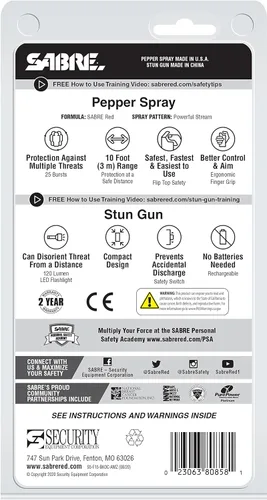 Vista 9 de SABRE Spray de pimienta y pistola aturdidora 2 en 1 con linterna, kit de defensa personal, seguridad rápida de volteo, agarre de dedo para un