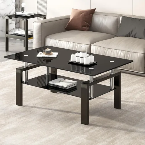 Vista 3 de Mesa de centro de vidrio templado con patas de metal Mesas de centro pequeñas modernas para sala de estar (negro)