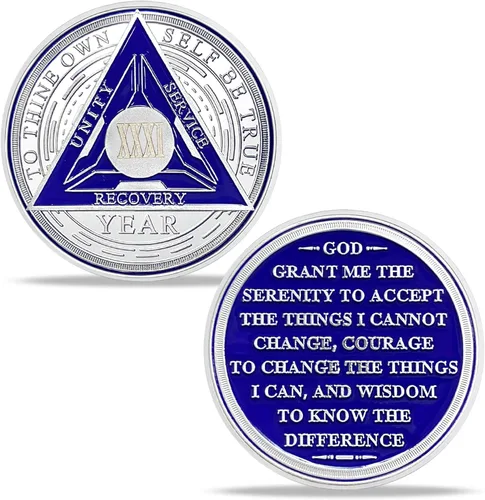 Vista 44 de Juego de monedas de sobriedad triangulares originales de 1 año Medallón AA de número romano plateado con cápsula protectora Ficha de aniversario