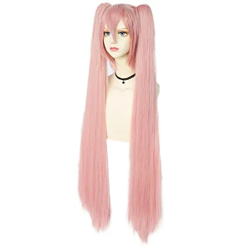 Vista 2 de Anogol Peluca rosa de 48 pulgadas con colas de caballo dobles para niñas, peluca de cosplay larga y recta con flequillo, peluca de pelo sintético