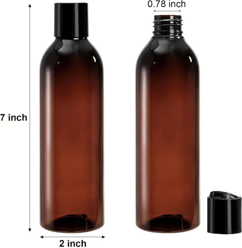 Vista 2 de Bekith Paquete de 16 botellas de plástico vacías ámbar de 8 onzas con tapa abatible superior de disco; recipientes recargables sin BPA para champú