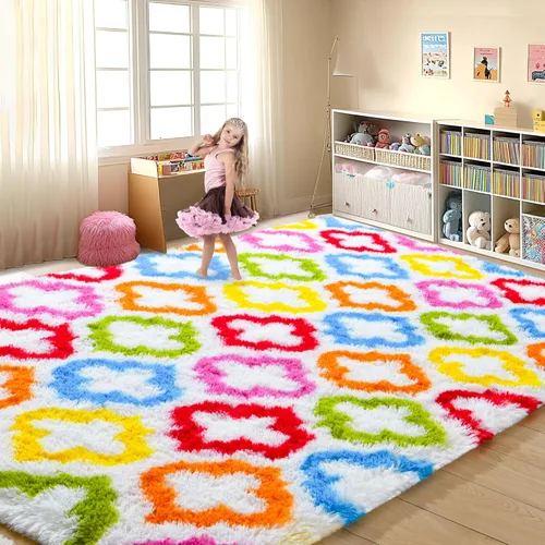 Vista 3 de Tepook - Alfombra de área mullida y colorida con diseño de arco iris, alfombras marroquíes geométricas modernas afelpadas para niños, sala