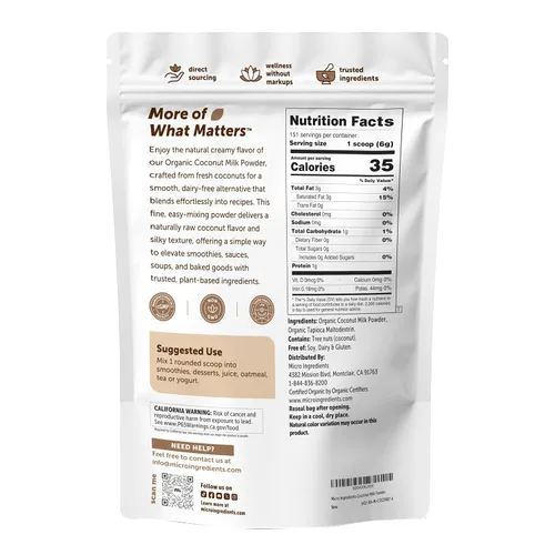 Vista 2 de Micro Ingredients Polvo de Leche de Coco Orgánico, 2 Libras Crema para Café, Té y Batidos a Base de Plantas Puro y Rico en MCT Sin
