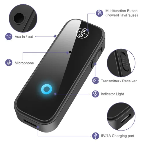 Vista 4 de Adaptador Bluetooth auxiliar para automóvil, receptor transmisor Bluetooth 5.3 2 en 1 para llamadas manos libres, cancelación de ruido Receptor