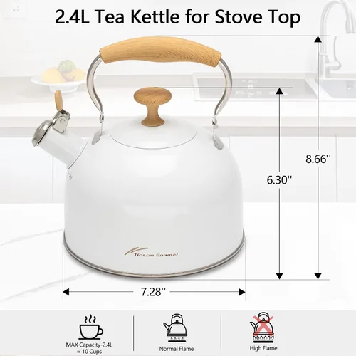 Vista 3 de Hervidor de té, hervidor de té silbante de acero inoxidable 304, 2.5 cuartos de galón/2.4 L para estufa de inducción y estufa de gas con mango
