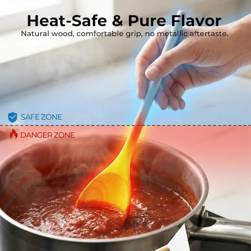 Vista 5 de HANSGO - 3 cucharas de madera de haya europea de 10 pulgadas para cocinar, cucharas de mezcla de madera resistentes al calor, sin arañazos