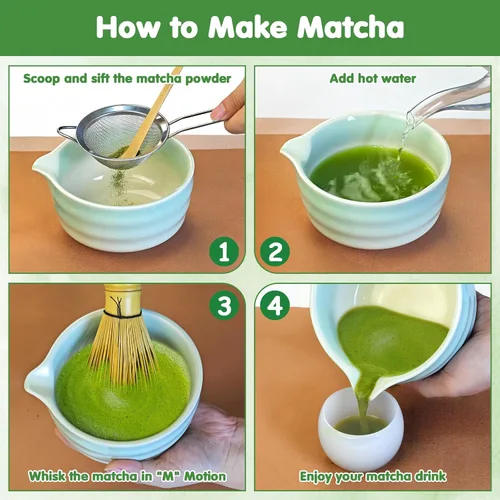 Vista 6 de Juego de batidor de matcha, 7 piezas de batidor de cerámica matcha, cuenco con boquilla, soporte, tamiz inoxidable, cuchara de bambú y toalla de té