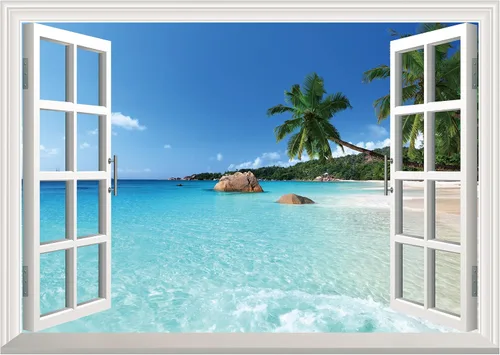 Vista 14 de FLFK Adhesivo falso para pared para ventana, mural de pared de ventana de playa de atardecer para decoración de pared, calcomanías de pared