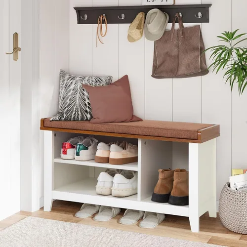 Vista 22 de MFSTUDIO Banco de almacenamiento de zapatos, banco de zapatos con armario de puerta de granero, 9 compartimentos abiertos, cojín de asiento