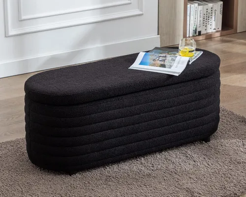 Banco Otomán de Almacenamiento Tapizado en Tela, Banco de Almacenamiento al Final de la Cama, Taburete con Bisagra de Seguridad para Dormitorio,
