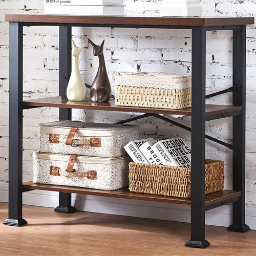 HOMBAZAAR Estantería de 3 niveles, estantería industrial marrón rústico, estantería profunda de madera y metal, estantería baja para sala de estar,