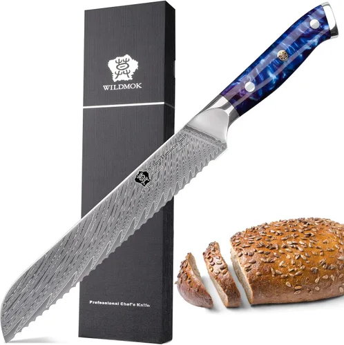 Vista 9 de WILDMOK Cuchillo de pan dentado, acero de Damasco de 8 pulgadas, núcleo japonés VG10, mejor cuchillo de pan y pastel, caja de regalo con mango