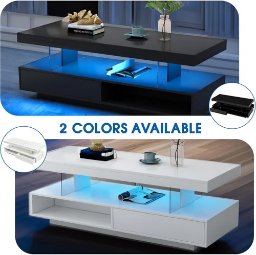 Vista 7 de Mesa de centro LED con almacenamiento, mesas de centro LED para sala de estar, mesa de centro de alto brillo con luces LED, mesa central moderna