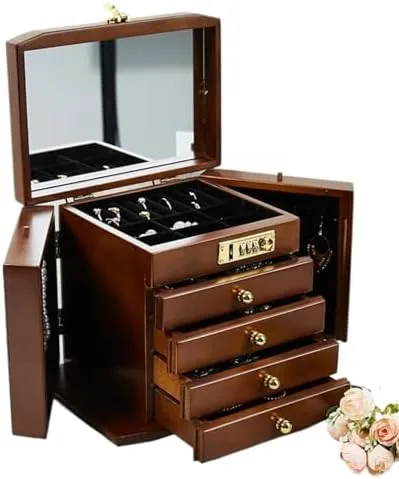 Vista 4 de Solid Wood Jewelry Box with Lock - Large Capacity Multifunctional Storage Display Box for Wedding & Birthday, Retro Design, Lid Included