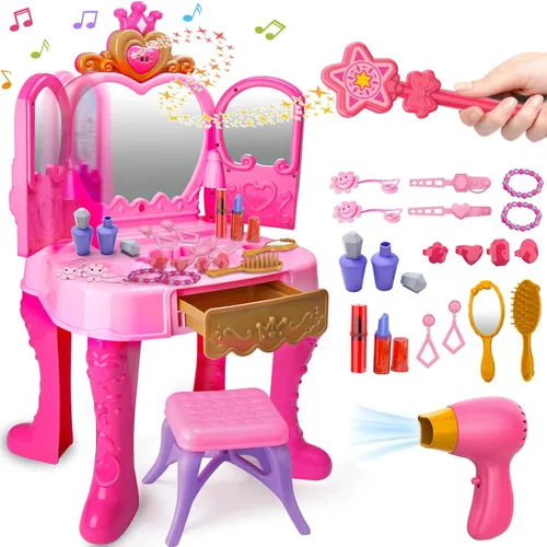 Juego de maquillaje mágico para niños pequeños, mesa y silla, espejo automático con música, color rosa claro, juguetes para niñas de 2, 3, 4 años,