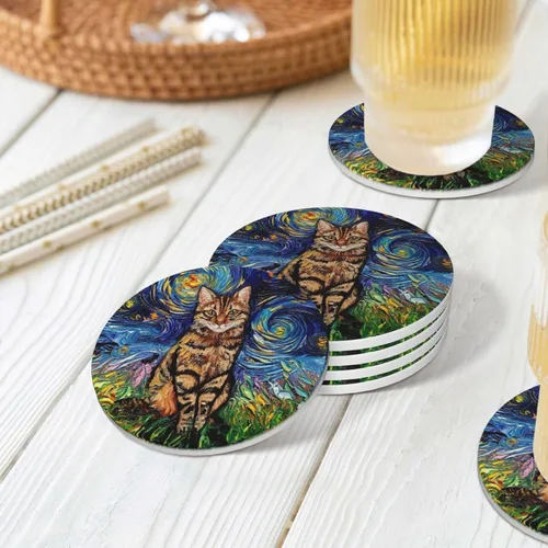 Vista 8 de Van Gogh - Juego de 4 posavasos abstractos de cerámica de diatomita absorbentes con base de corcho, protección de mesa, adecuados para mesas