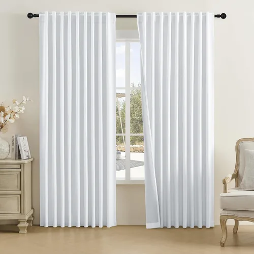 Vista 53 de DUALIFE - Cortinas de lino opacas beige de 54 pulgadas de largo, con pestaña trasera y bolsillo para cortinero, cortinas estrechas para dormitorio