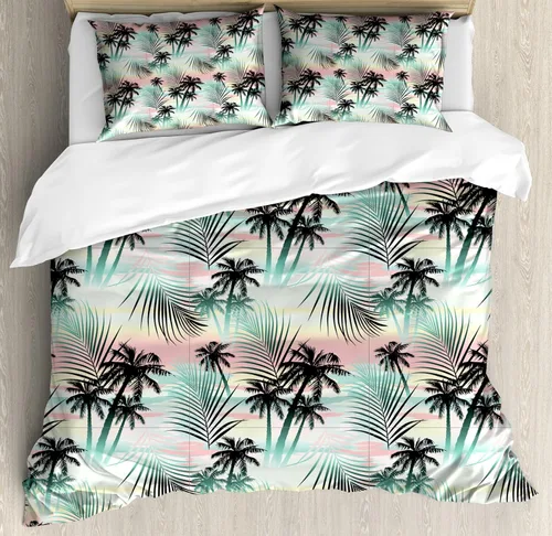 Vista 136 de Ambesonne Hawaii - Juego de funda de edredón de verano, palmeras y hojas exóticas de helecho, fondo colorido abstracto, juego de ropa de cama