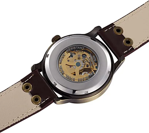 Vista 9 de FANMIS Reloj de pulsera de cuero marrón mecánico automático de esqueleto de bronce steampunk para hombre, Marrón, Mecánico, Automático