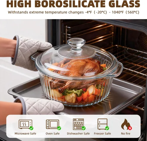 Vista 3 de Luvan Cacerola redonda de vidrio de 2.4L/2.5 cuartos con tapa, plato transparente para hornear con asas para hornear, cocinar y servir, utensilios