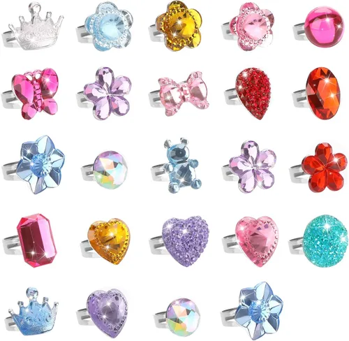 Hifot 24 anillos ajustables de cristal para niñas, anillos de dedo de joyería de princesa con caja en forma de corazón, anillos de simulación para