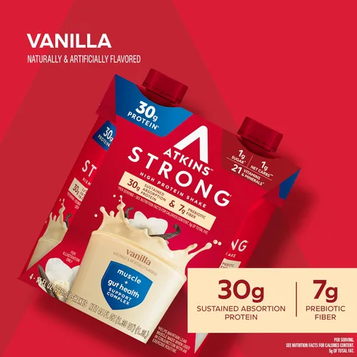 Vista 4 de Atkins Strong High Protein Shake, Vanilla Flavored, 30g Protein, Low Carb and Low Sugar Shake, Keto Friendly, Gluten Free, Muscle and Gut Health