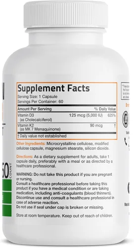 Vista 2 de Bronson Suplemento de Vitamina K2 D3 (MK7) Fórmula No-GMO Vitamina D3 5000IU (125 mcg) y 90 mcg K2 MK-7, Complejo D y K Fácil de Tragar, 60 Cápsulas