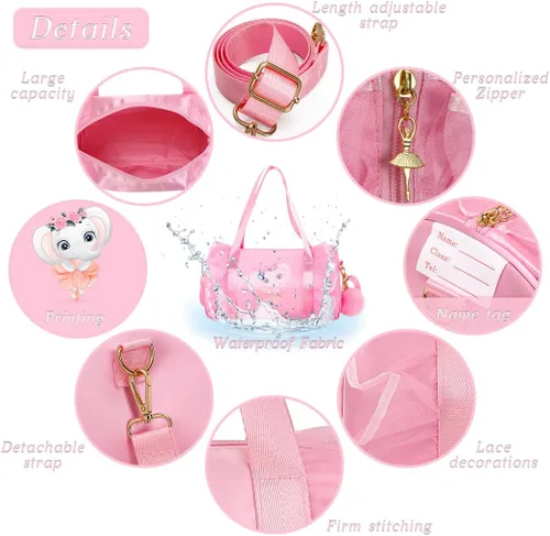Vista 4 de Moonmo Bonita bolsa de baile de ballet, bolsa de vestir tutú, impermeable, ligera, bolsa de baile rosa para niñas, Elefante Pinkdanceb, Bolsa