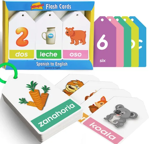 Tarjetas didácticas bilingües en español inglés para niños, 5 temas, alfabeto, color, número, forma, primeras palabras, 84 tarjetas, paquete de