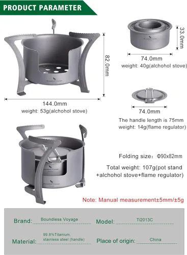 Vista 3 de Boundless Voyage Estufa de alcohol de titanio con cubierta contra incendios, estufa de leña al aire libre con soportes, para camping