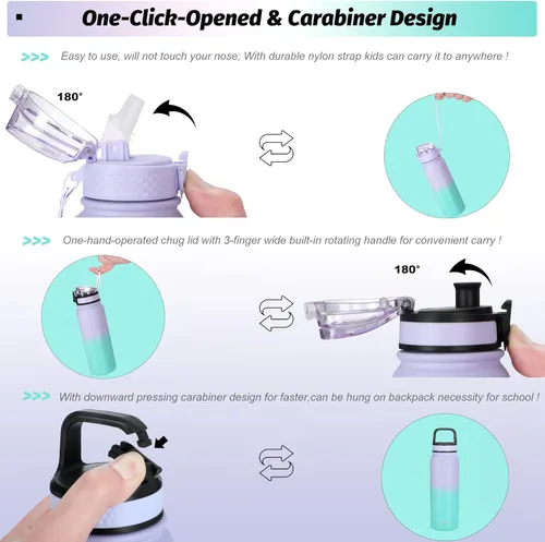 Vista 3 de Oldley Botella de agua aislada con pajilla, botellas de agua de acero inoxidable de 20 onzas con 3 tapas, aislamiento al vacío de doble pared