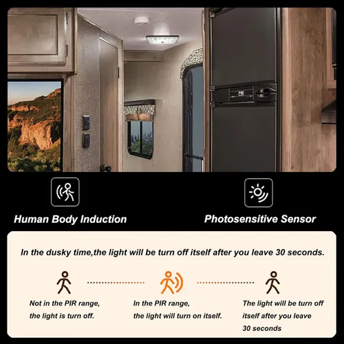 Vista 2 de Luz LED interior para RV con sensor de movimiento PIR, espacios grandes iluminados en blanco brillante DC 10V-30V 700 lúmenes, luz de domo para área