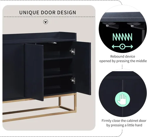 Vista 4 de Aparador moderno de almacenamiento y estantes de altura ajustable, mesa consola de entrada con valla de encimera, 4 puertas, armario, barra de café