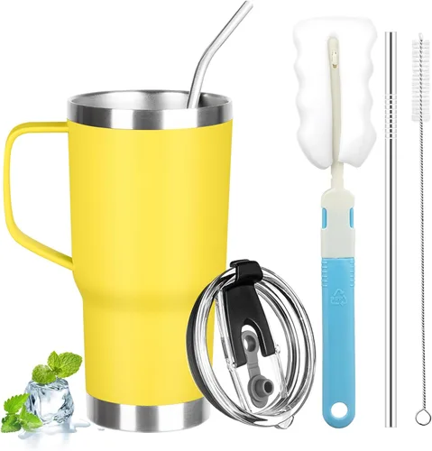 Vista 17 de Vaso de 20 onzas con asa, vaso aislado de acero inoxidable con tapa y pajilla, taza de café aislada al vacío de doble pared, taza térmica de café