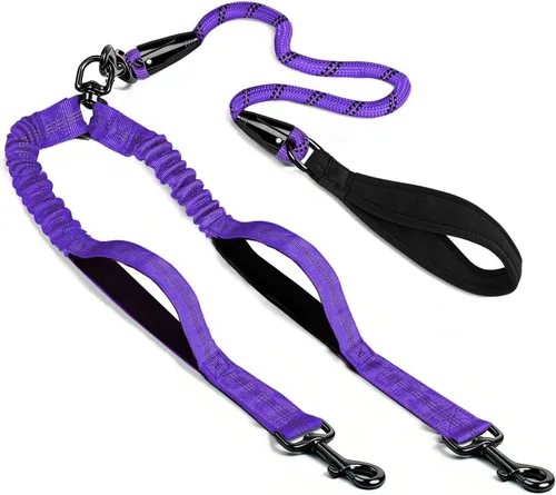Vista 10 de Correa doble para perro sin enredos, correa elástica para dos perros, correas reflectantes con dos asas de tráfico adicionales para caminar 2 perros
