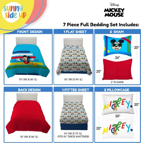 Vista 3 de Sunny Side Up Disney Mickey Mouse - Juego de edredón tamaño Full de 7 piezas para niños, incluye edredón, sábanas y funda de almohada, juego de cama