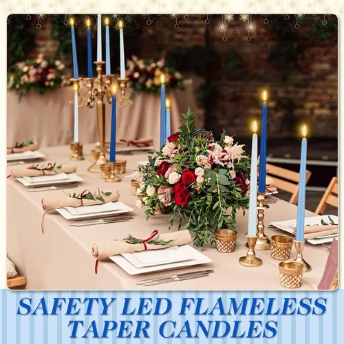 Vista 6 de Baquler 24 Piezas Velas Cónicas Sin Llama de 11'' de Navidad Azules Operadas con Batería Velas LED de Plástico con Degradado Parpadeante Candeleros
