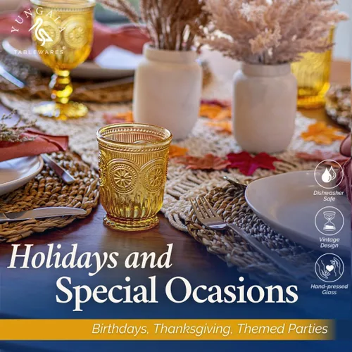 Vista 8 de Juego de vasos de beber ámbar Yungala, conjunto de 6 vasos de vidrio ámbar, vasos pequeños de agua de 8 oz, vasos de hobnail aptos