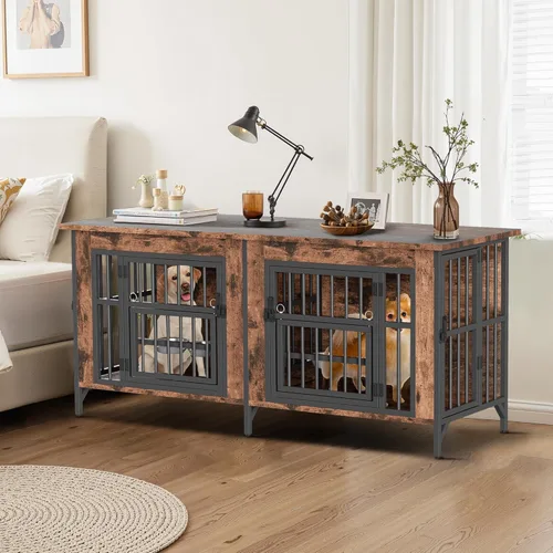 Vista 6 de Mueble de jaula para perros, jaula doble para perros con parte superior de almacenamiento y cuencos giratorios para alimentos, perrera decorativa