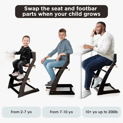 Vista 7 de FORNEL Silla alta moderna de madera negra La silla ajustable Grow-with-Me es una alternativa elegante a Stokke Perfecta para cocinas