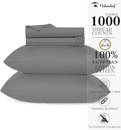 Vista 177 de URBANHUT Juego de sábanas de algodón egipcio de 1000 hilos tamaño completo, 4 piezas, suaves y transpirables, sábanas de hotel de lujo que se