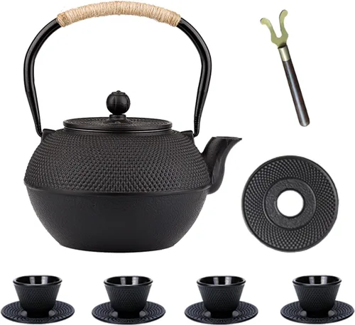 Vista 10 de Juego de tetera de hierro fundido YJX, Tetsubin japonés, tetera de 40.6 oz para estufa, tetera negra con infusor de acero inoxidable para té