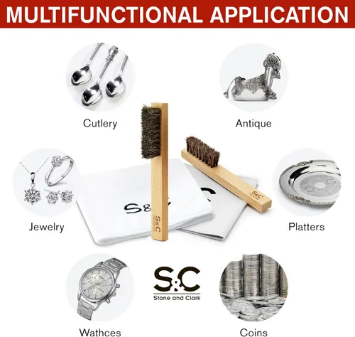 Vista 2 de Stone and Clark Kit de limpiador y pulido de joyas de 4 piezas, incluye cepillos de limpieza de joyas de crin de caballo natural, paño de microfibra