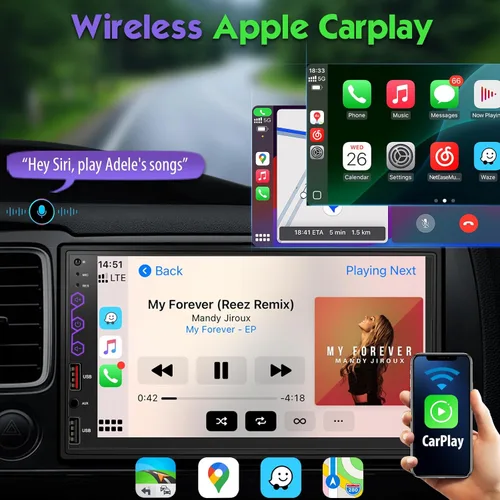 Vista 2 de Estéreo de auto doble DIN de 7 pulgadas con CarPlay inalámbrico y Android Auto, exclusivo DSP integrado, audio de alta potencia de 240 W, pantalla