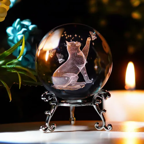 HDCRYSTALGIFTS Bola de cristal de gato de 2.362 in con soporte 3D grabada con láser, figuras de animales, globo de vidrio, bola decorativa, esfera
